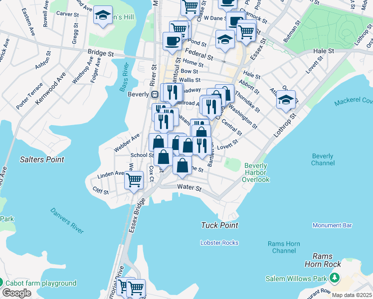 map of restaurants, bars, coffee shops, grocery stores, and more near in Beverly