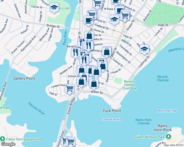map of restaurants, bars, coffee shops, grocery stores, and more near 22 Fayette Street in Beverly
