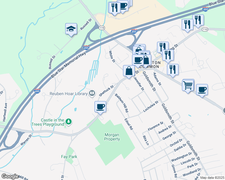 map of restaurants, bars, coffee shops, grocery stores, and more near 9 Shattuck Street in Littleton