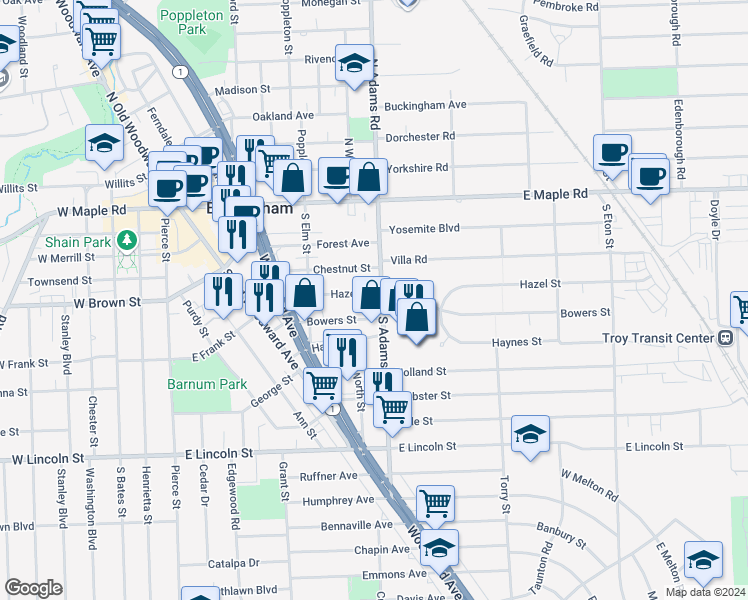 map of restaurants, bars, coffee shops, grocery stores, and more near 1028 Chestnut Street in Birmingham