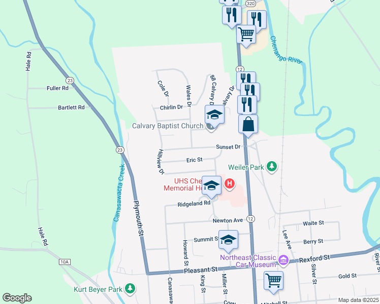 map of restaurants, bars, coffee shops, grocery stores, and more near 28 Sunset Drive in Norwich