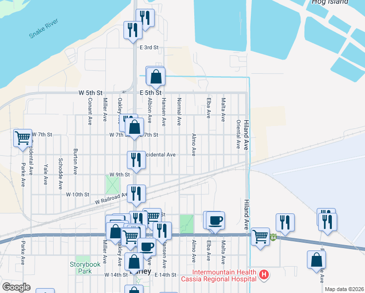 map of restaurants, bars, coffee shops, grocery stores, and more near 701 Normal Avenue in Burley