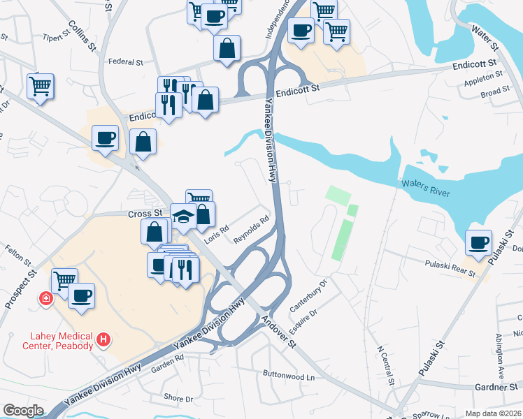 map of restaurants, bars, coffee shops, grocery stores, and more near 15 Tammie Lane in Peabody