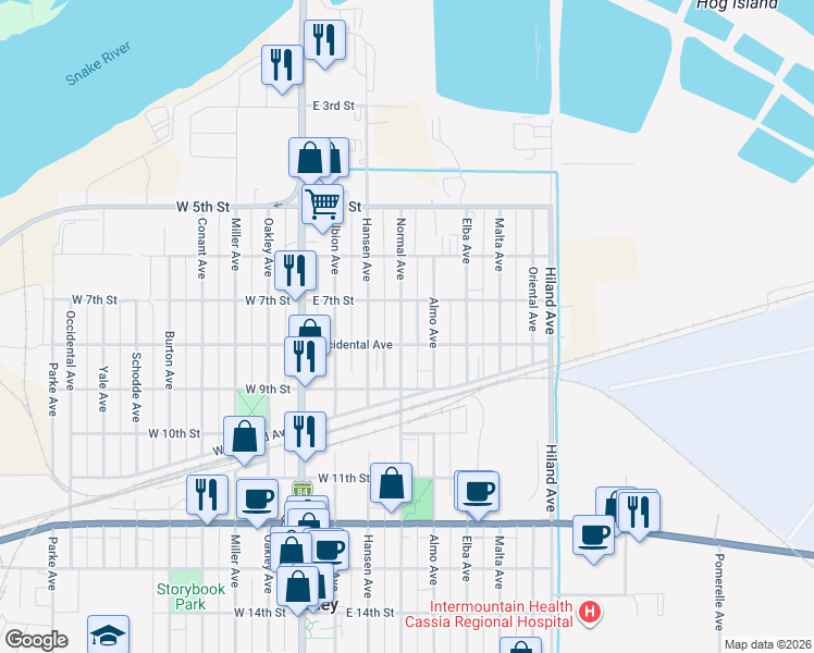 map of restaurants, bars, coffee shops, grocery stores, and more near 701 Normal Avenue in Burley