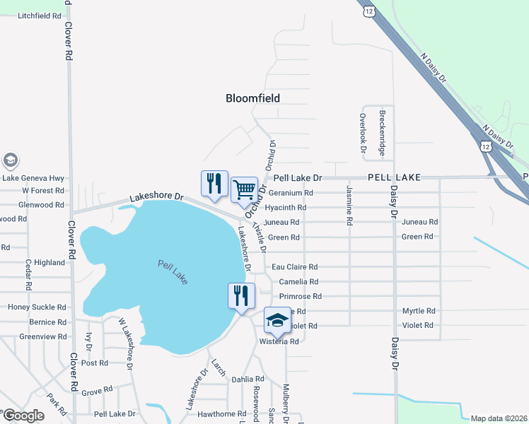 map of restaurants, bars, coffee shops, grocery stores, and more near N1480 Orchid Drive in Genoa City