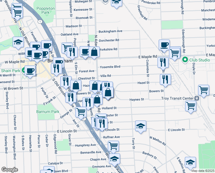map of restaurants, bars, coffee shops, grocery stores, and more near in Birmingham