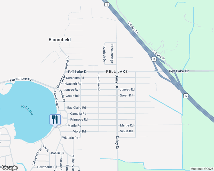 map of restaurants, bars, coffee shops, grocery stores, and more near W923 Geranium Road in Genoa City