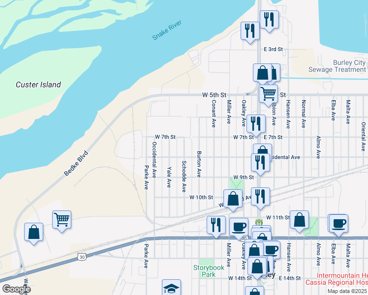 map of restaurants, bars, coffee shops, grocery stores, and more near 710 Yale Avenue in Burley