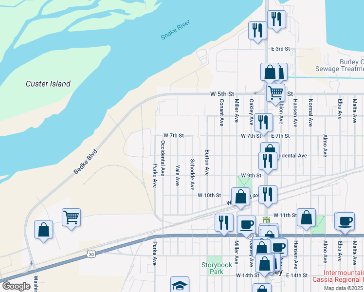 map of restaurants, bars, coffee shops, grocery stores, and more near 710 Yale Avenue in Burley
