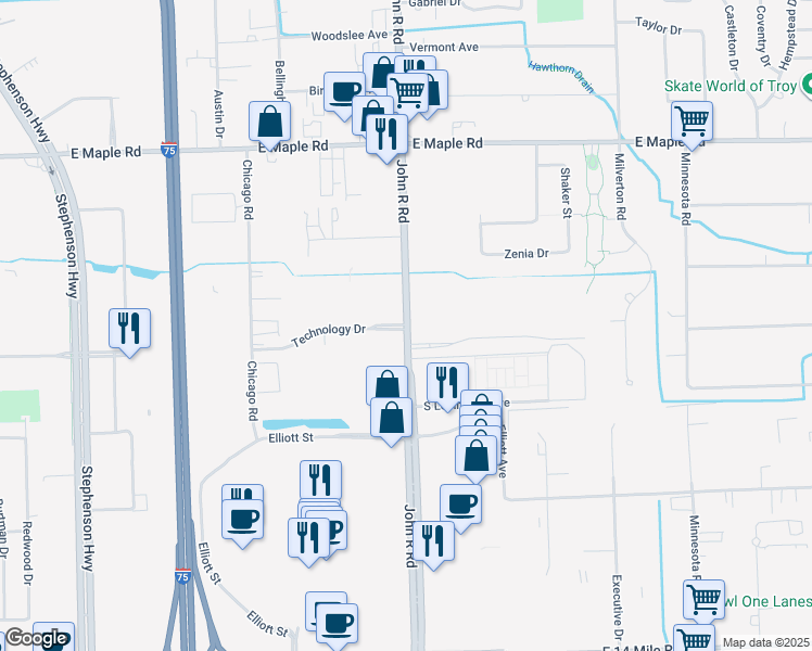 map of restaurants, bars, coffee shops, grocery stores, and more near 930 John R Road in Troy