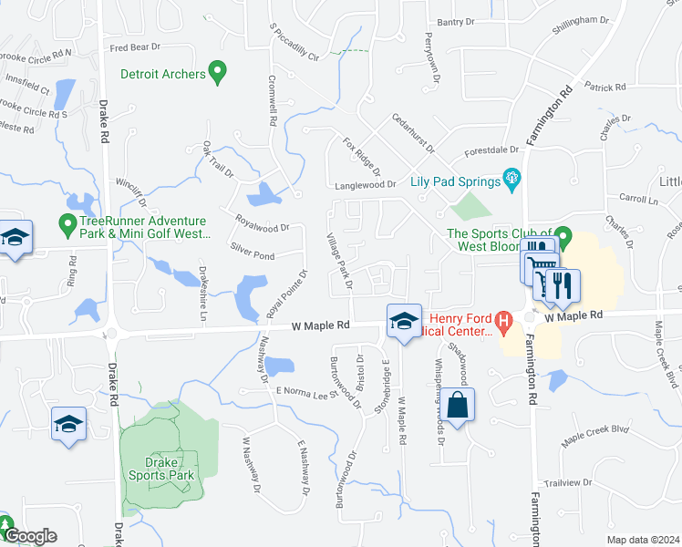 map of restaurants, bars, coffee shops, grocery stores, and more near 6285 Village Park Drive in West Bloomfield Township