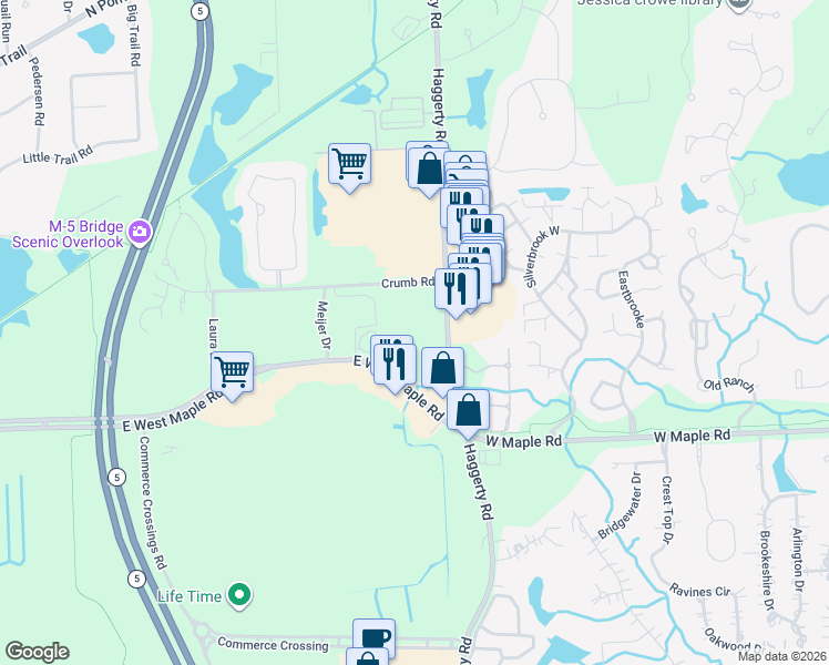 map of restaurants, bars, coffee shops, grocery stores, and more near 3300 Crumb Road in Oakland County
