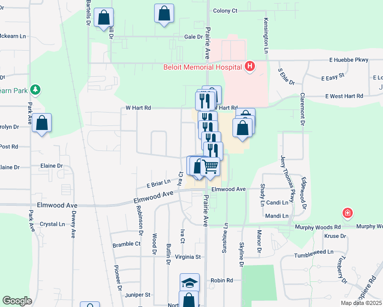 map of restaurants, bars, coffee shops, grocery stores, and more near 2714 Scotties Drive in Beloit