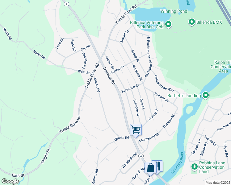 map of restaurants, bars, coffee shops, grocery stores, and more near 205 Nashua Road in Billerica