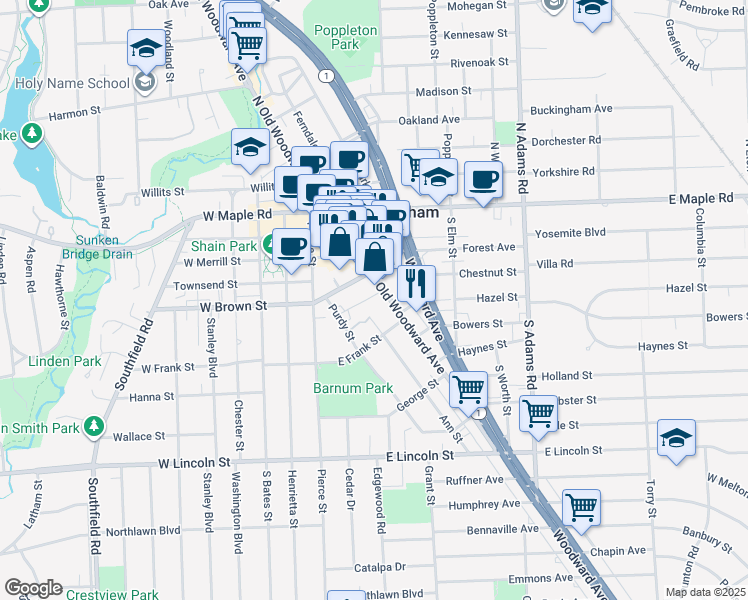 map of restaurants, bars, coffee shops, grocery stores, and more near 353 South Old Woodward Avenue in Birmingham