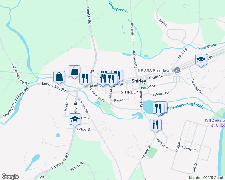 map of restaurants, bars, coffee shops, grocery stores, and more near 6 Mill Street in Shirley