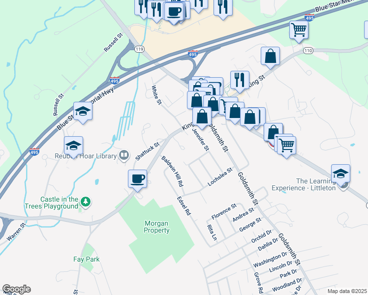 map of restaurants, bars, coffee shops, grocery stores, and more near 423 King Street in Littleton
