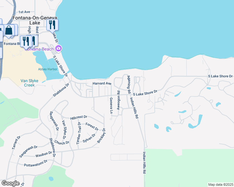 map of restaurants, bars, coffee shops, grocery stores, and more near 643 Maple Drive in Fontana-on-Geneva Lake