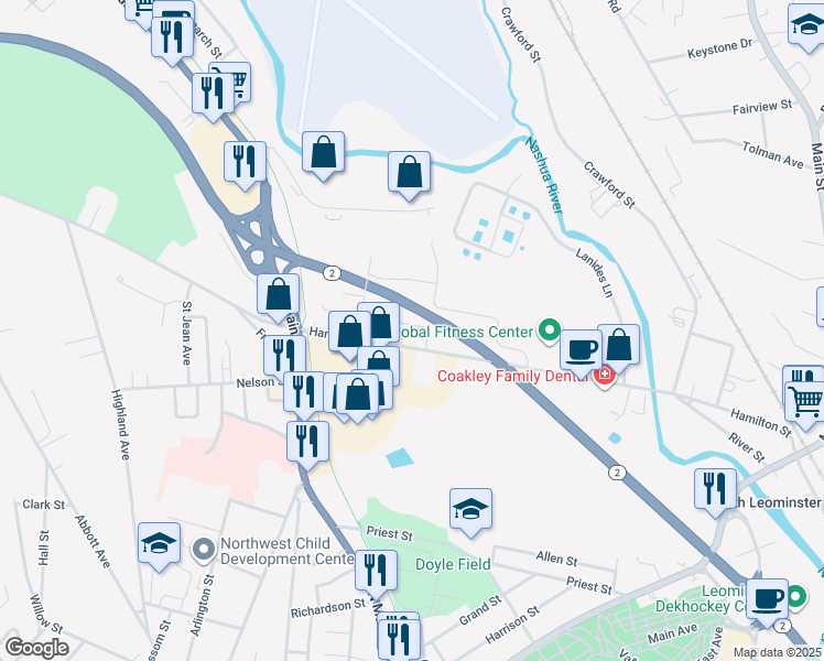 map of restaurants, bars, coffee shops, grocery stores, and more near 72 Benjamin Street in Leominster