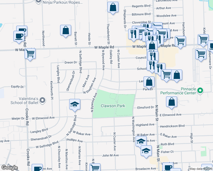 map of restaurants, bars, coffee shops, grocery stores, and more near 513 Leroy Avenue in Clawson