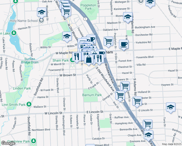 map of restaurants, bars, coffee shops, grocery stores, and more near 252 East Brown Street in Birmingham