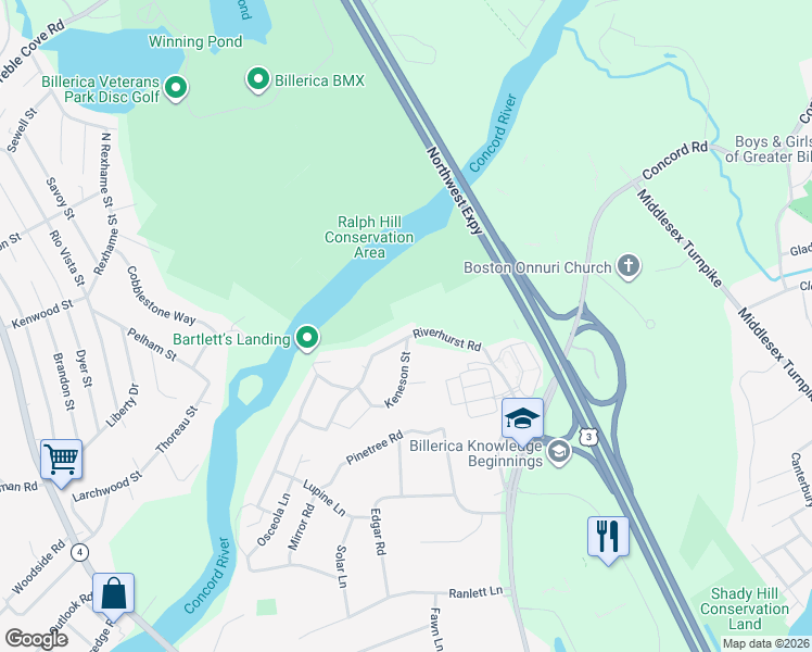 map of restaurants, bars, coffee shops, grocery stores, and more near 33 Riverhurst Road in Billerica