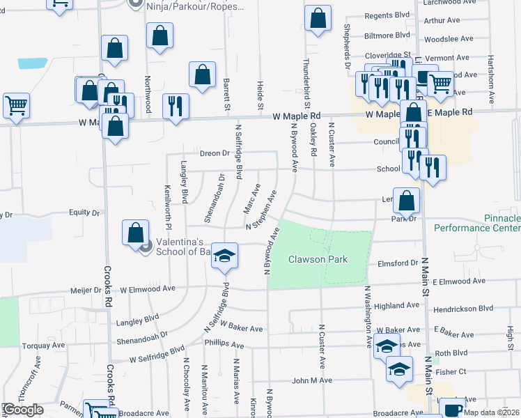 map of restaurants, bars, coffee shops, grocery stores, and more near 1276 Marc Avenue in Clawson