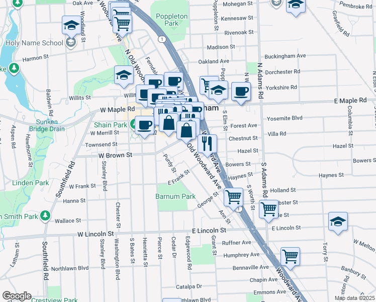 map of restaurants, bars, coffee shops, grocery stores, and more near 353 South Old Woodward Avenue in Birmingham