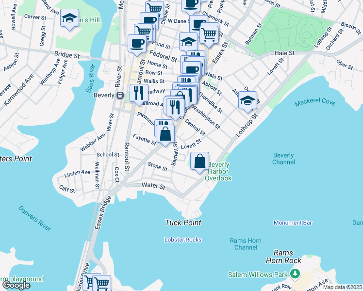 map of restaurants, bars, coffee shops, grocery stores, and more near 13 Central Court in Beverly