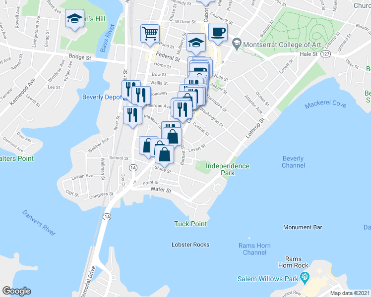 map of restaurants, bars, coffee shops, grocery stores, and more near 83 Cabot Street in Beverly