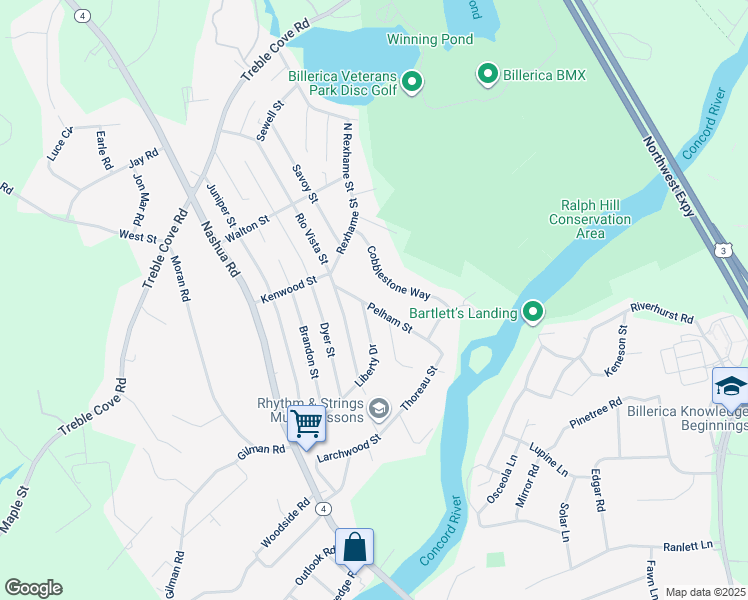 map of restaurants, bars, coffee shops, grocery stores, and more near 2 Pelham Street in Billerica