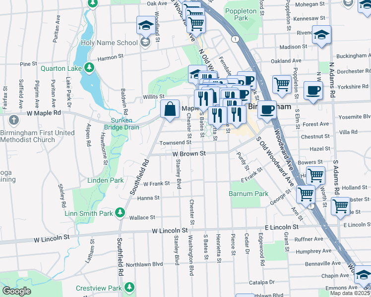 map of restaurants, bars, coffee shops, grocery stores, and more near 404 Townsend Street in Birmingham