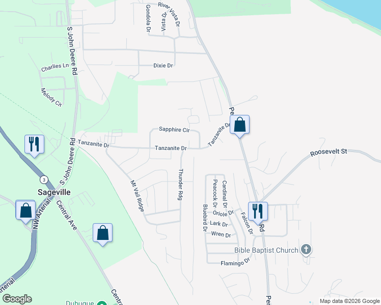 map of restaurants, bars, coffee shops, grocery stores, and more near 579 Tanzanite Drive in Dubuque