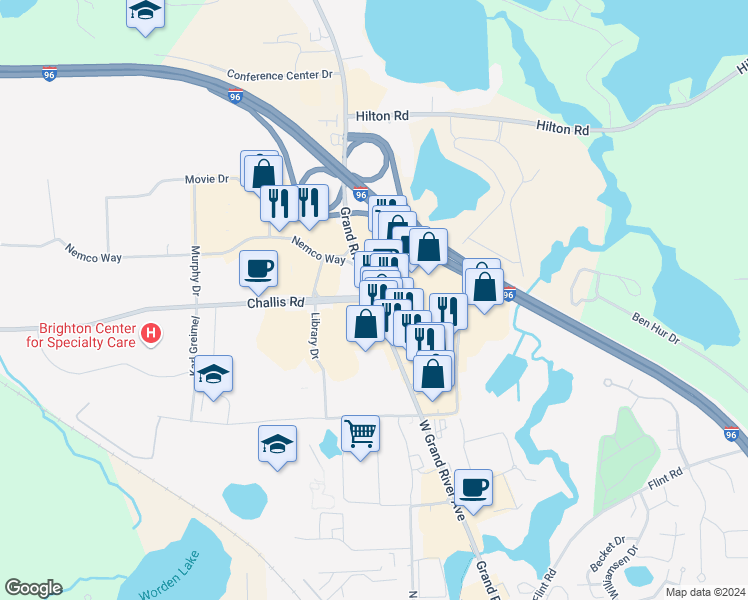 map of restaurants, bars, coffee shops, grocery stores, and more near 12640 Grand River Avenue in Brighton