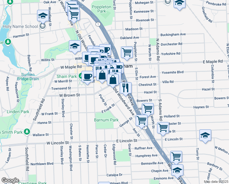 map of restaurants, bars, coffee shops, grocery stores, and more near 353 South Old Woodward Avenue in Birmingham