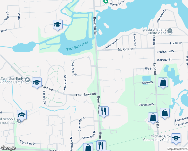 map of restaurants, bars, coffee shops, grocery stores, and more near 1450 Lee Wood Ridge Road in Walled Lake