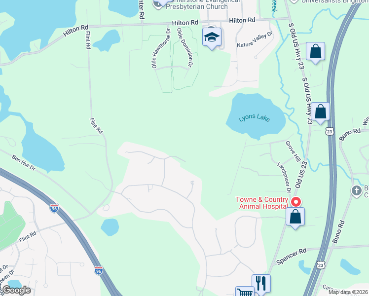 map of restaurants, bars, coffee shops, grocery stores, and more near 61 Northpointe Drive in Brighton