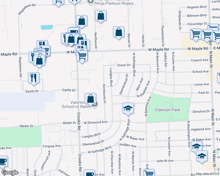 map of restaurants, bars, coffee shops, grocery stores, and more near 1260 Langley Boulevard in Clawson