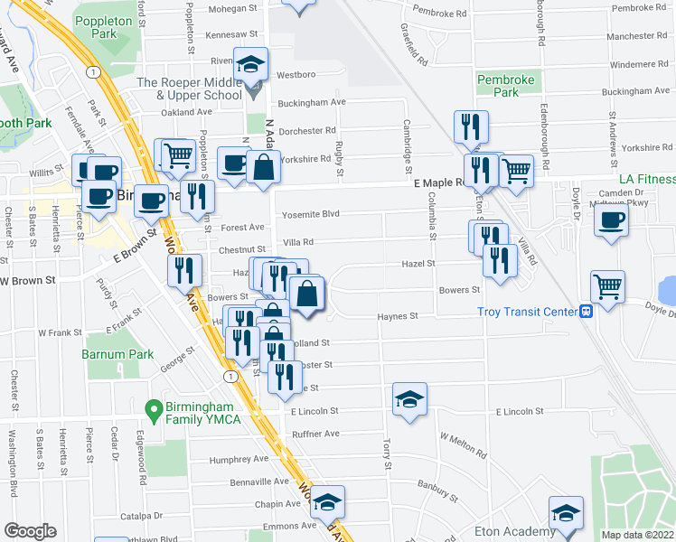 map of restaurants, bars, coffee shops, grocery stores, and more near 1414 Hazel Street in Birmingham