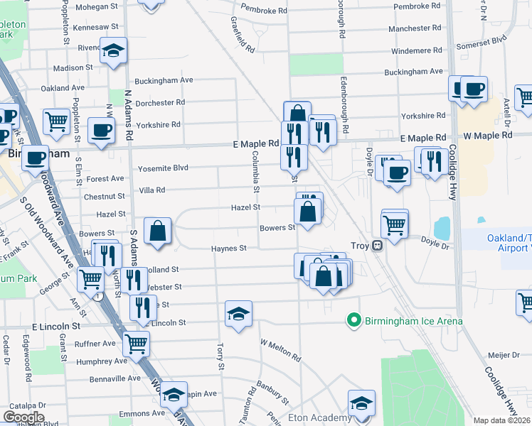 map of restaurants, bars, coffee shops, grocery stores, and more near 1845 Hazel Street in Birmingham