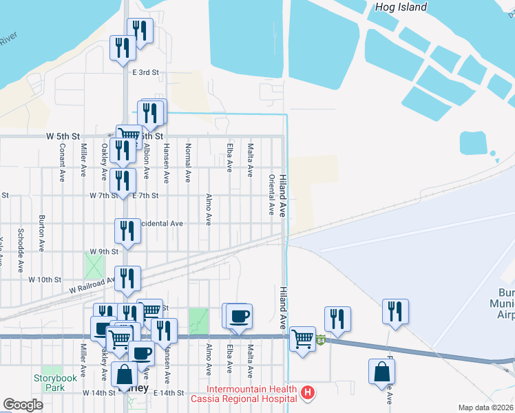 map of restaurants, bars, coffee shops, grocery stores, and more near 701 Malta Avenue in Burley