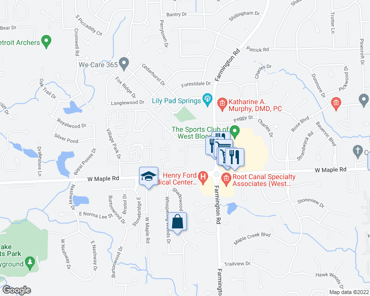 map of restaurants, bars, coffee shops, grocery stores, and more near 5216 Brett Court in West Bloomfield Township