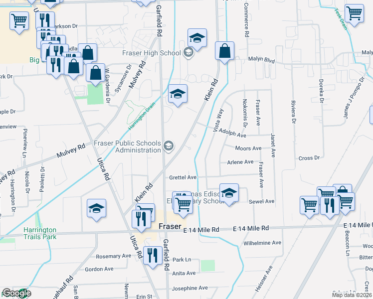 map of restaurants, bars, coffee shops, grocery stores, and more near 33594 Klein Road in Fraser