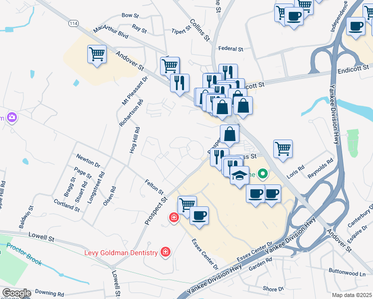 map of restaurants, bars, coffee shops, grocery stores, and more near 2 Avalon Drive in Peabody