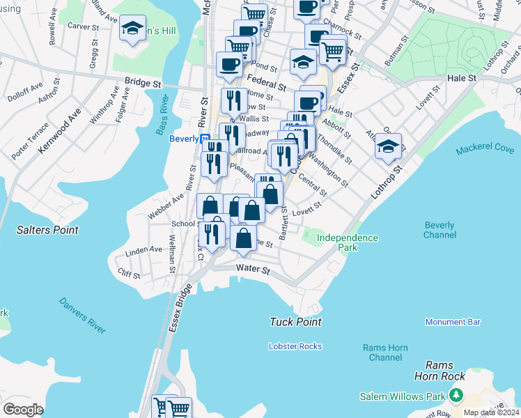 map of restaurants, bars, coffee shops, grocery stores, and more near in Beverly