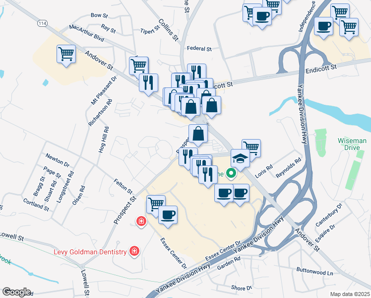 map of restaurants, bars, coffee shops, grocery stores, and more near 68 Prospect Street in Peabody
