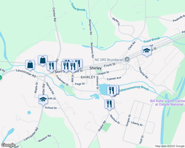 map of restaurants, bars, coffee shops, grocery stores, and more near 39 Front Street in Shirley