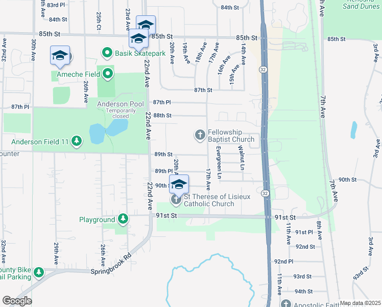 map of restaurants, bars, coffee shops, grocery stores, and more near 1800 89th Street in Kenosha