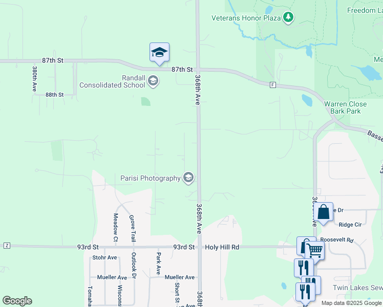 map of restaurants, bars, coffee shops, grocery stores, and more near 8930 368th Avenue in Twin Lakes