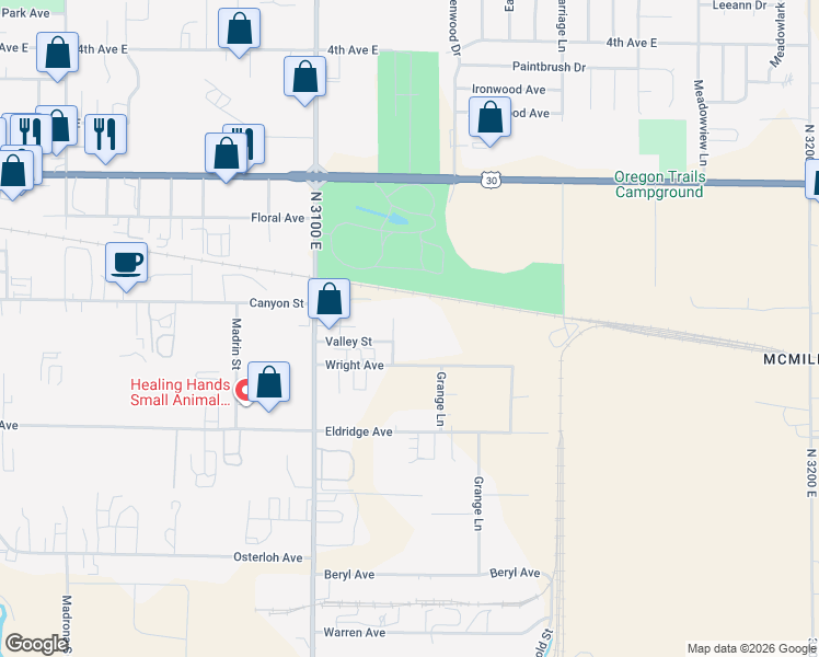 map of restaurants, bars, coffee shops, grocery stores, and more near 333 Valley Street in Twin Falls